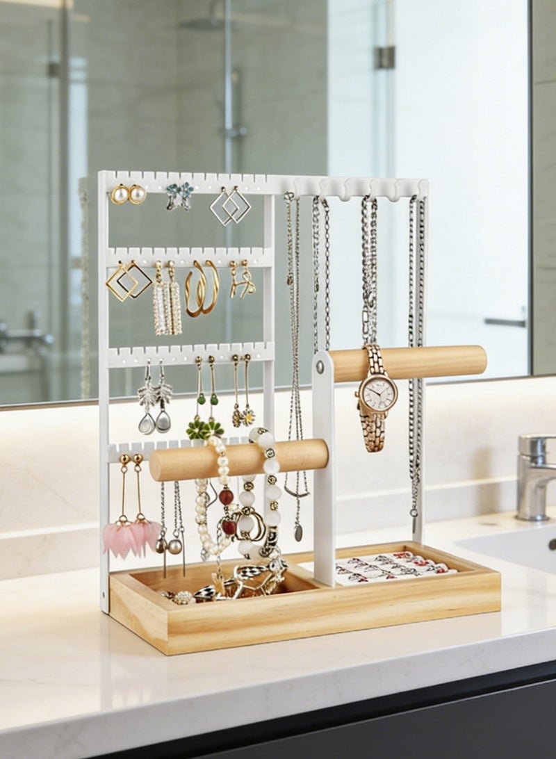 Homestetic Jewelry Organizer Stand Earring Holder Necklace Organizer, 5 Tier Jewellery Stands 48 Holes, Bracelet Stand & Watch Holder with Wooden Tray, Gift for Women Eid Wedding - Image 5